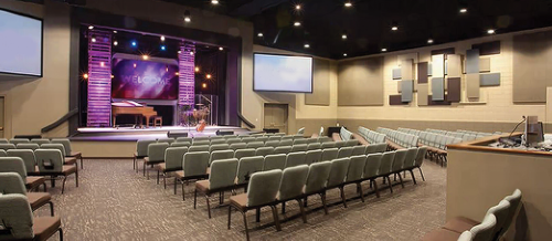 A 300 seat worship centre with large platform to accommodate our music ministry, choir and drama department